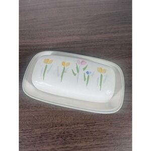 VTG Hand Painted Tulip Butter Dish with Lid Ceramic Floral Covered Butter Dish